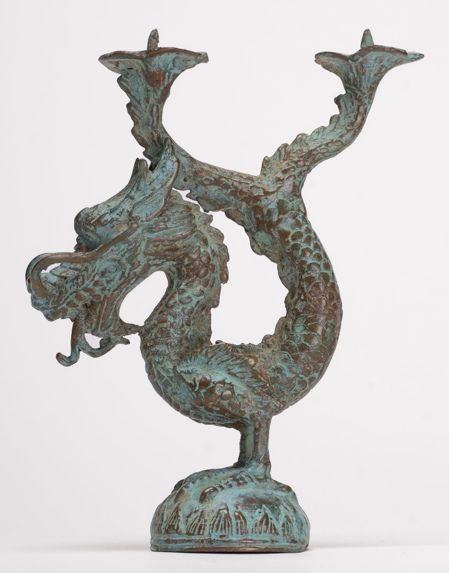 Antique Chinese Style Bronze Dragon Candle Holder - 17.5cm/7"