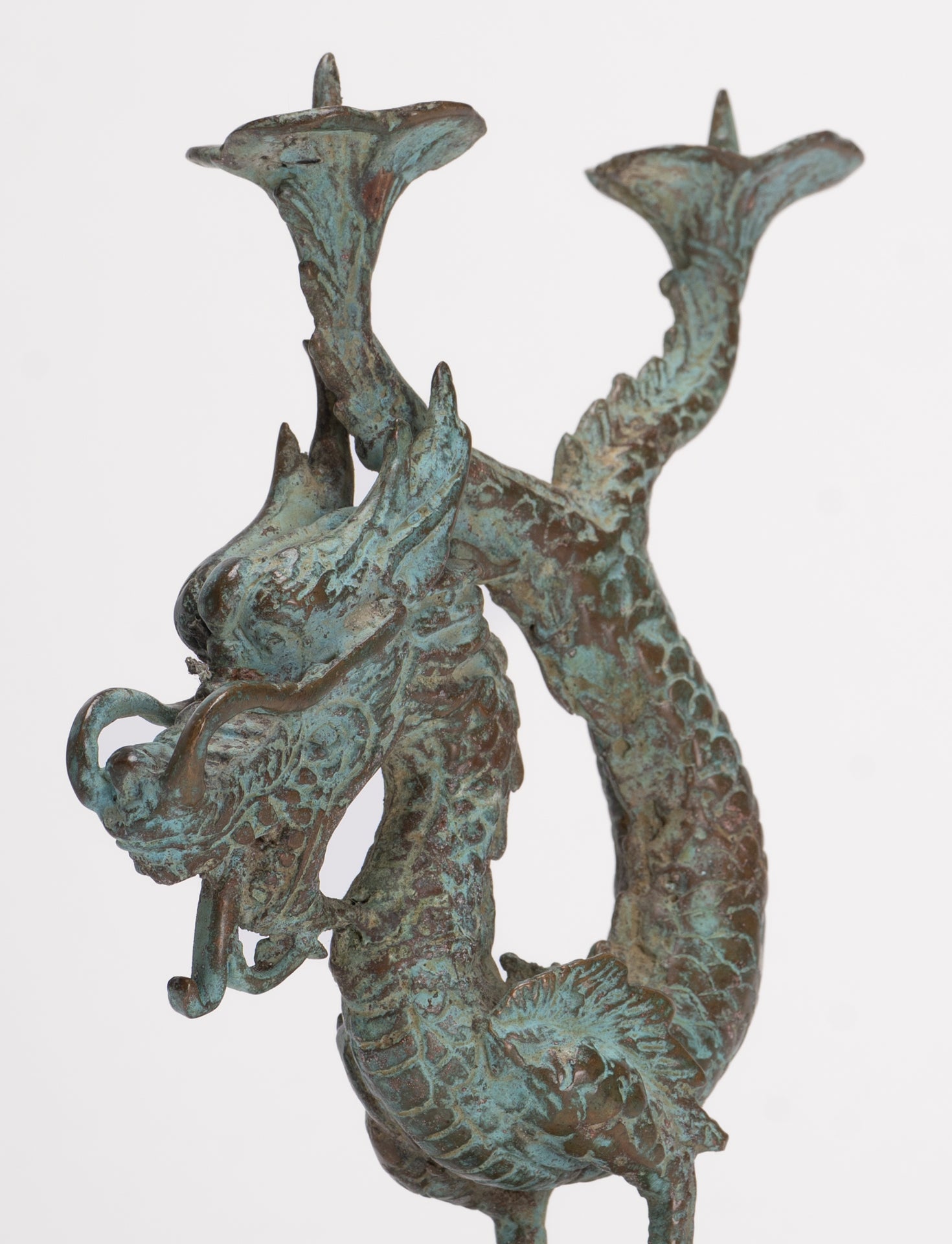 Antique Chinese Style Bronze Dragon Candle Holder - 17.5cm/7"