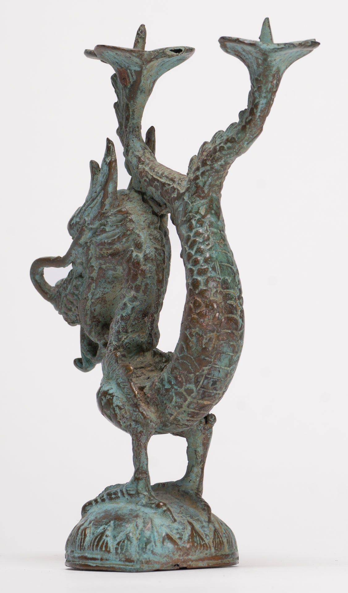 Antique Chinese Style Bronze Dragon Candle Holder - 17.5cm/7"