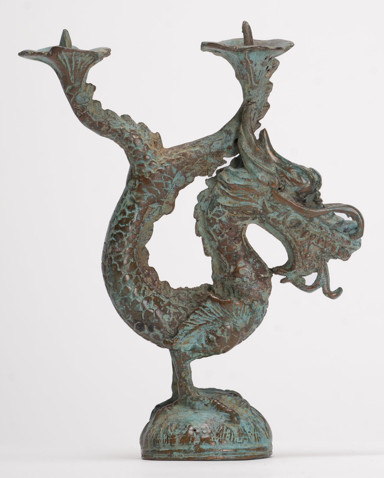 Antique Chinese Style Bronze Dragon Candle Holder - 17.5cm/7"