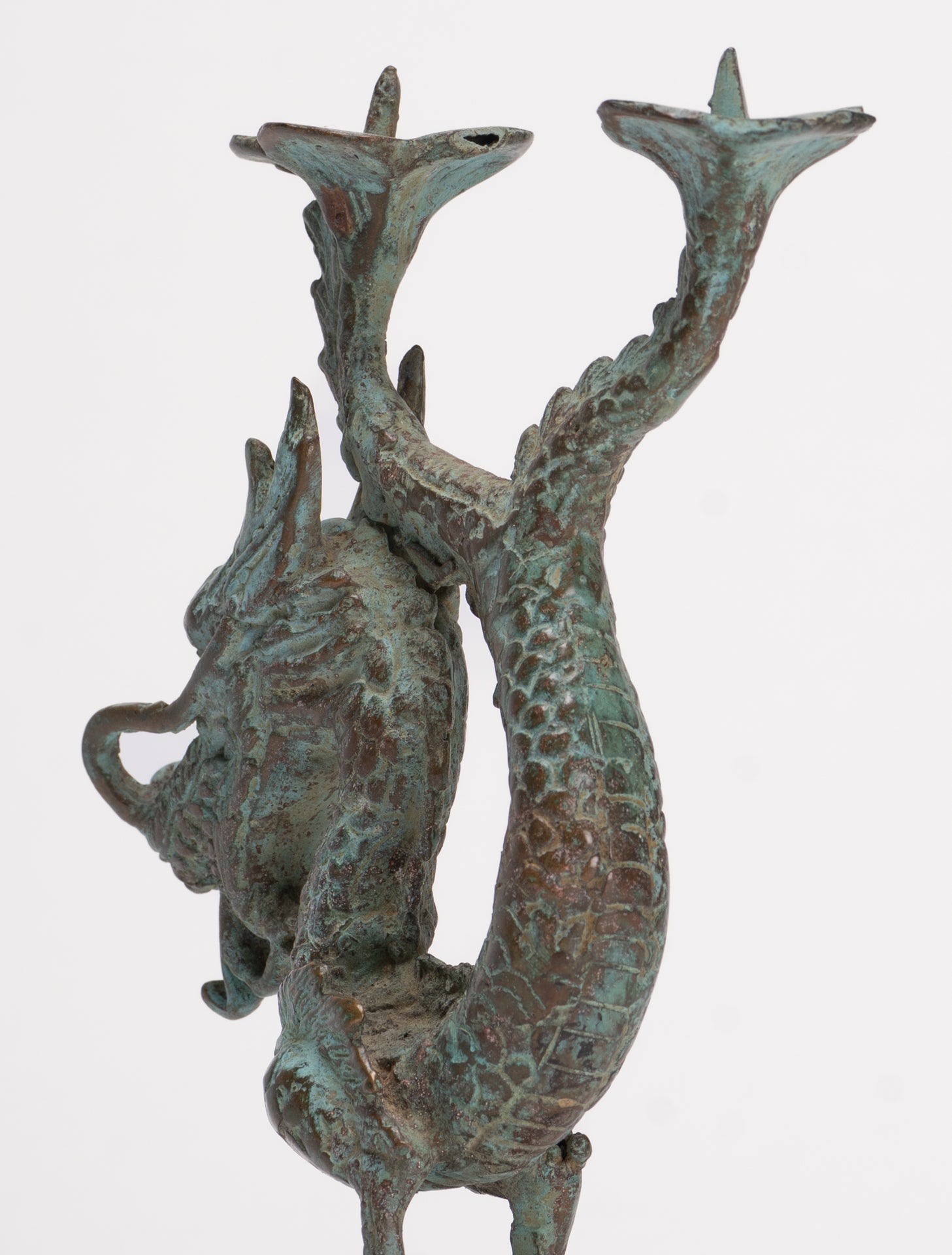 Antique Chinese Style Bronze Dragon Candle Holder - 17.5cm/7"