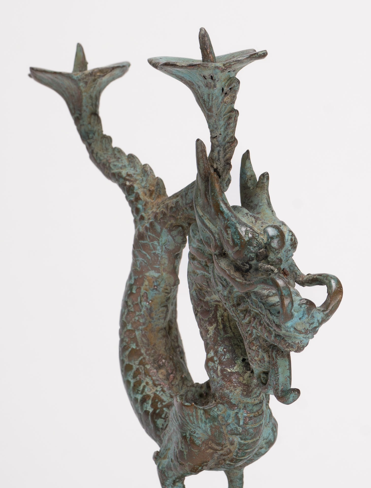 Antique Chinese Style Bronze Dragon Candle Holder - 17.5cm/7"