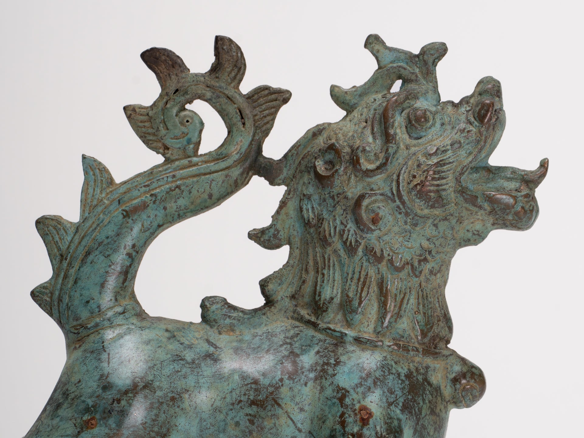 Antique Indonesian Style Bronze Singha Temple Guardian or Lion - 14cm/6"