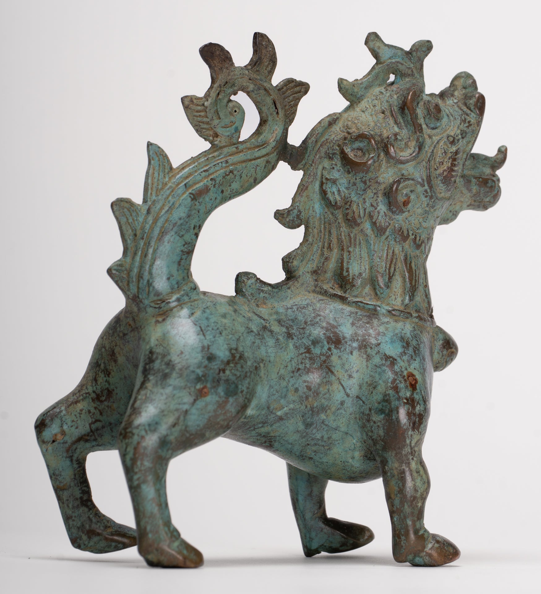 Antique Indonesian Style Bronze Singha Temple Guardian or Lion - 14cm/6"