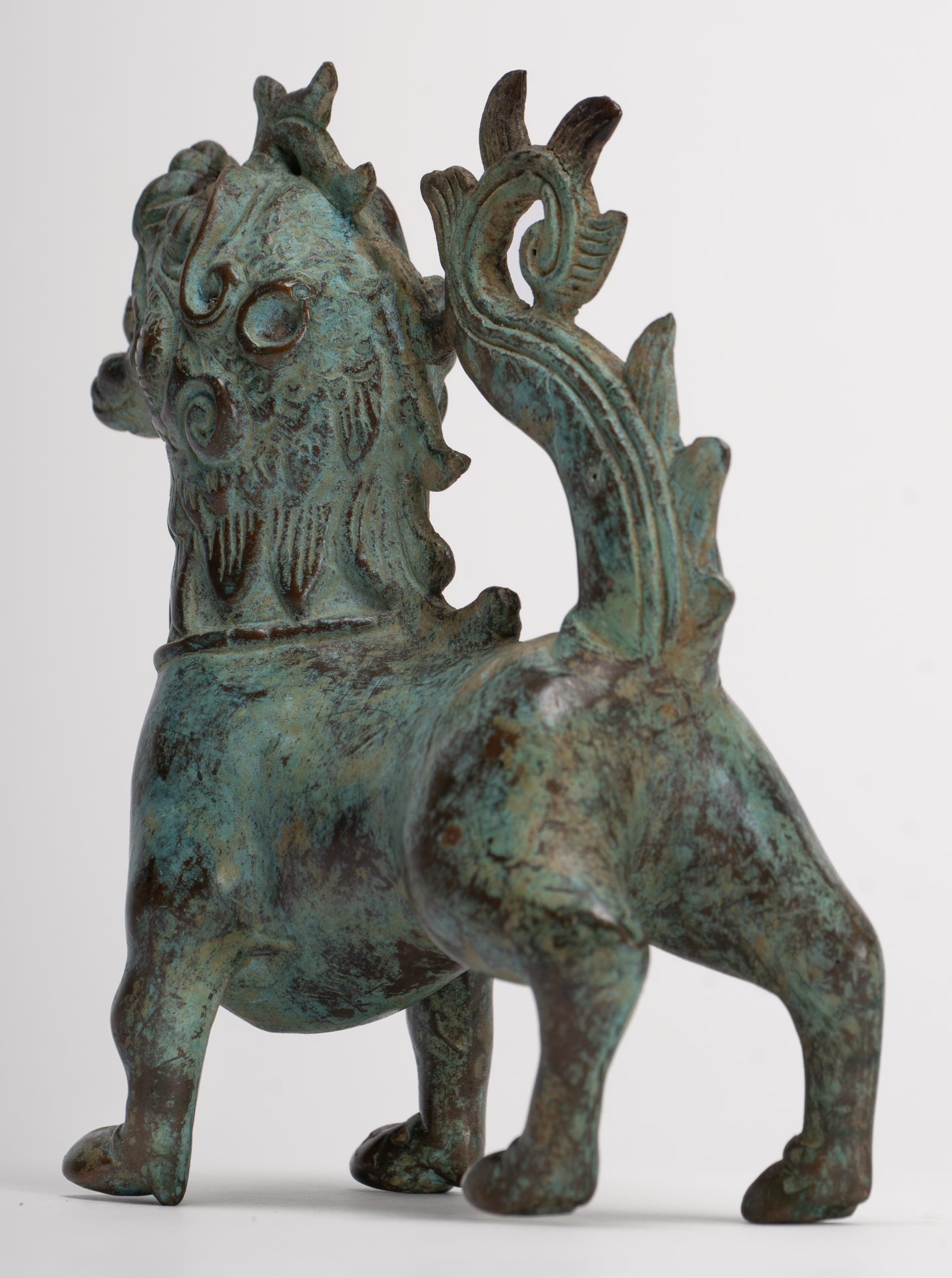 Antique Indonesian Style Bronze Singha Temple Guardian or Lion - 14cm/6"