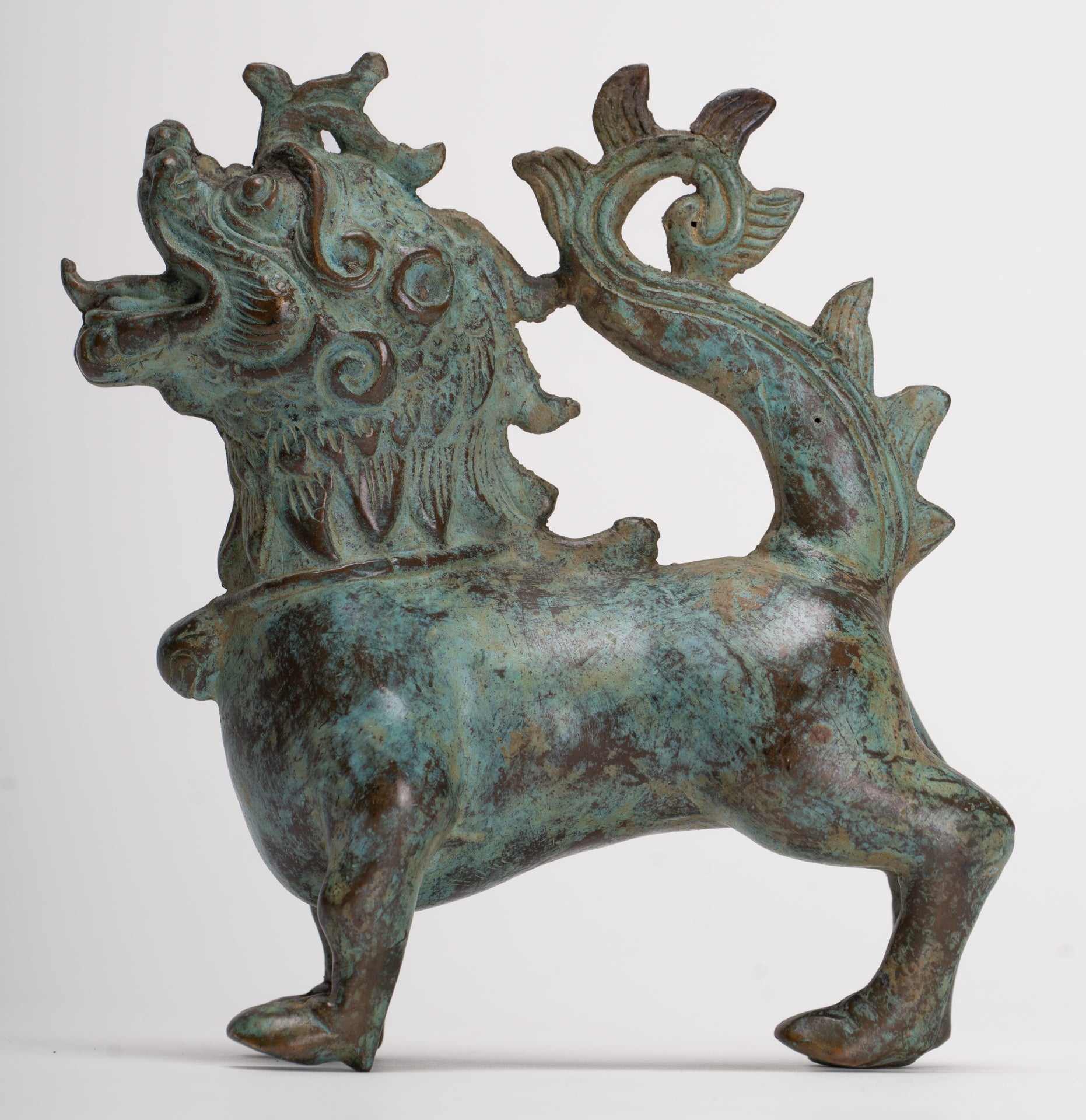 Antique Indonesian Style Bronze Singha Temple Guardian or Lion - 14cm/6"