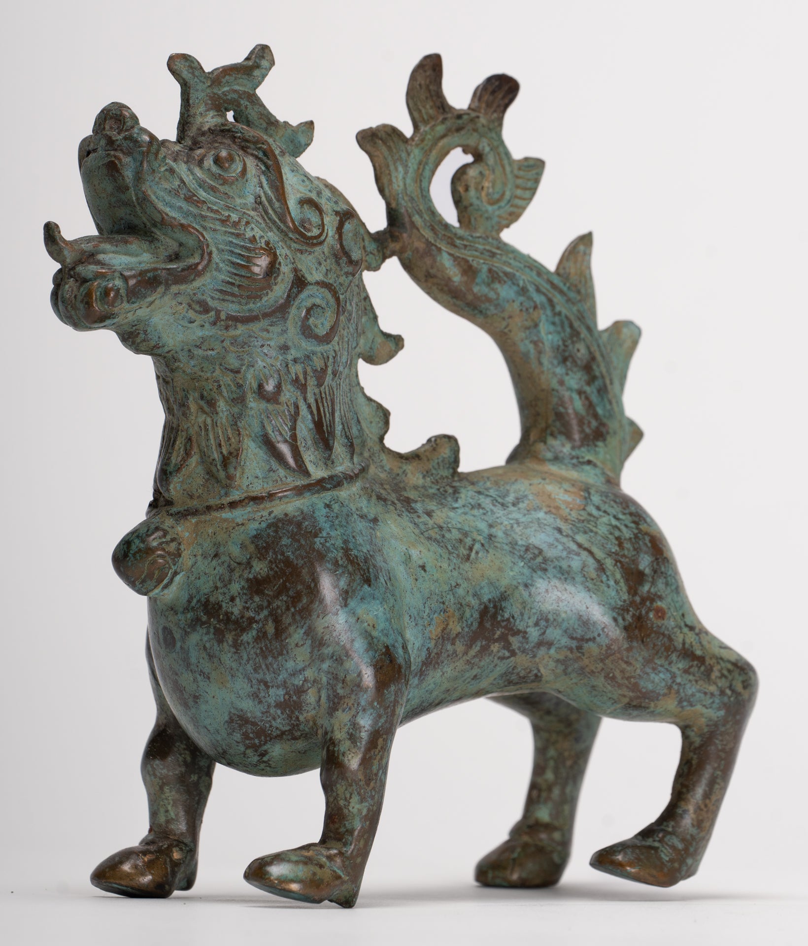 Antique Indonesian Style Bronze Singha Temple Guardian or Lion - 14cm/6"