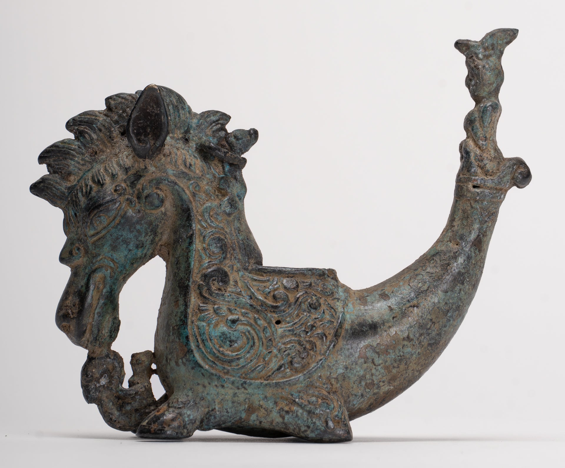 Antique Indonesian Style Bronze Seahorse Censer or Incense Burner and Incense Stick Holder - 10cm/4" Tall
