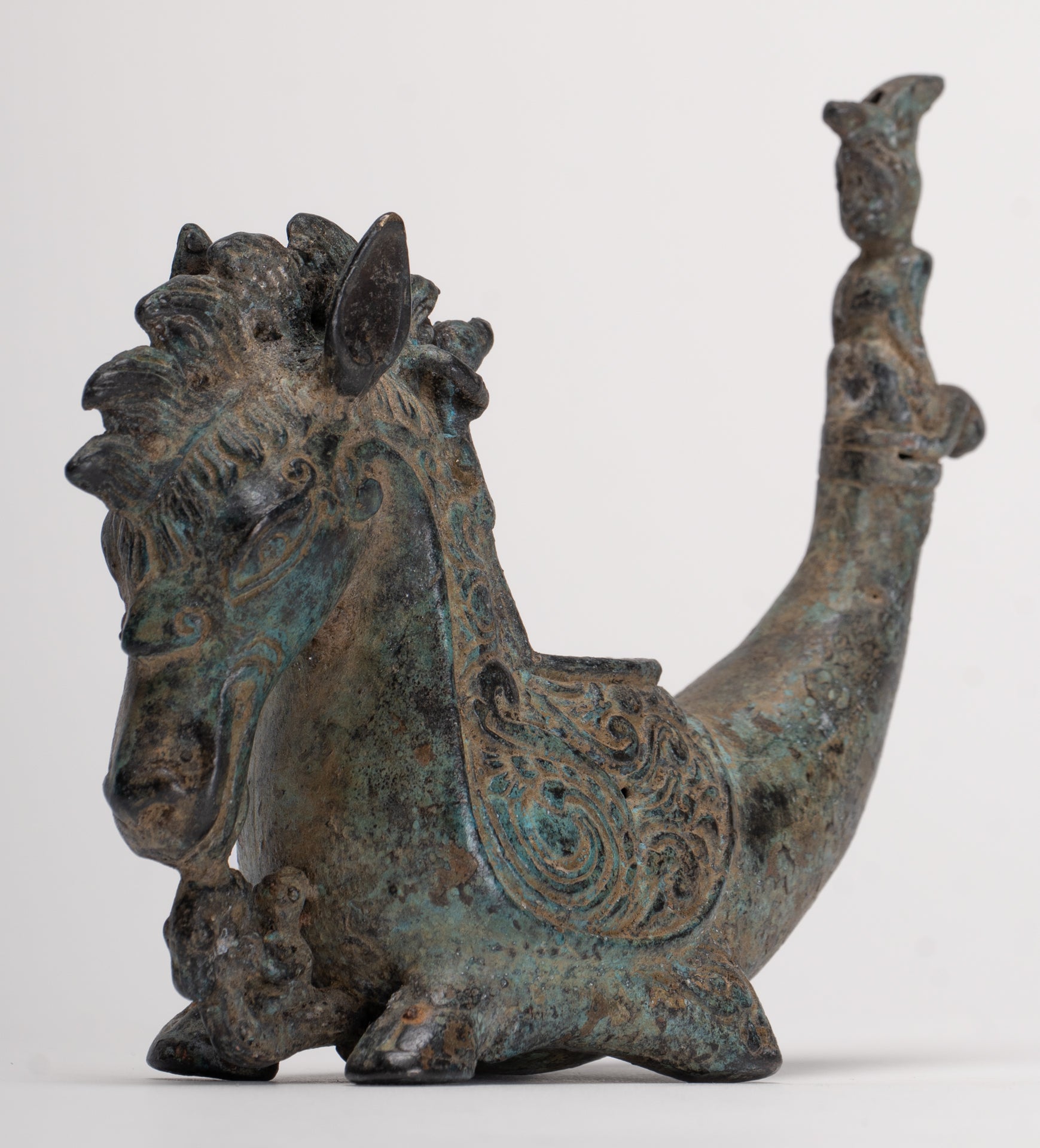 Antique Indonesian Style Bronze Seahorse Censer or Incense Burner and Incense Stick Holder - 10cm/4" Tall