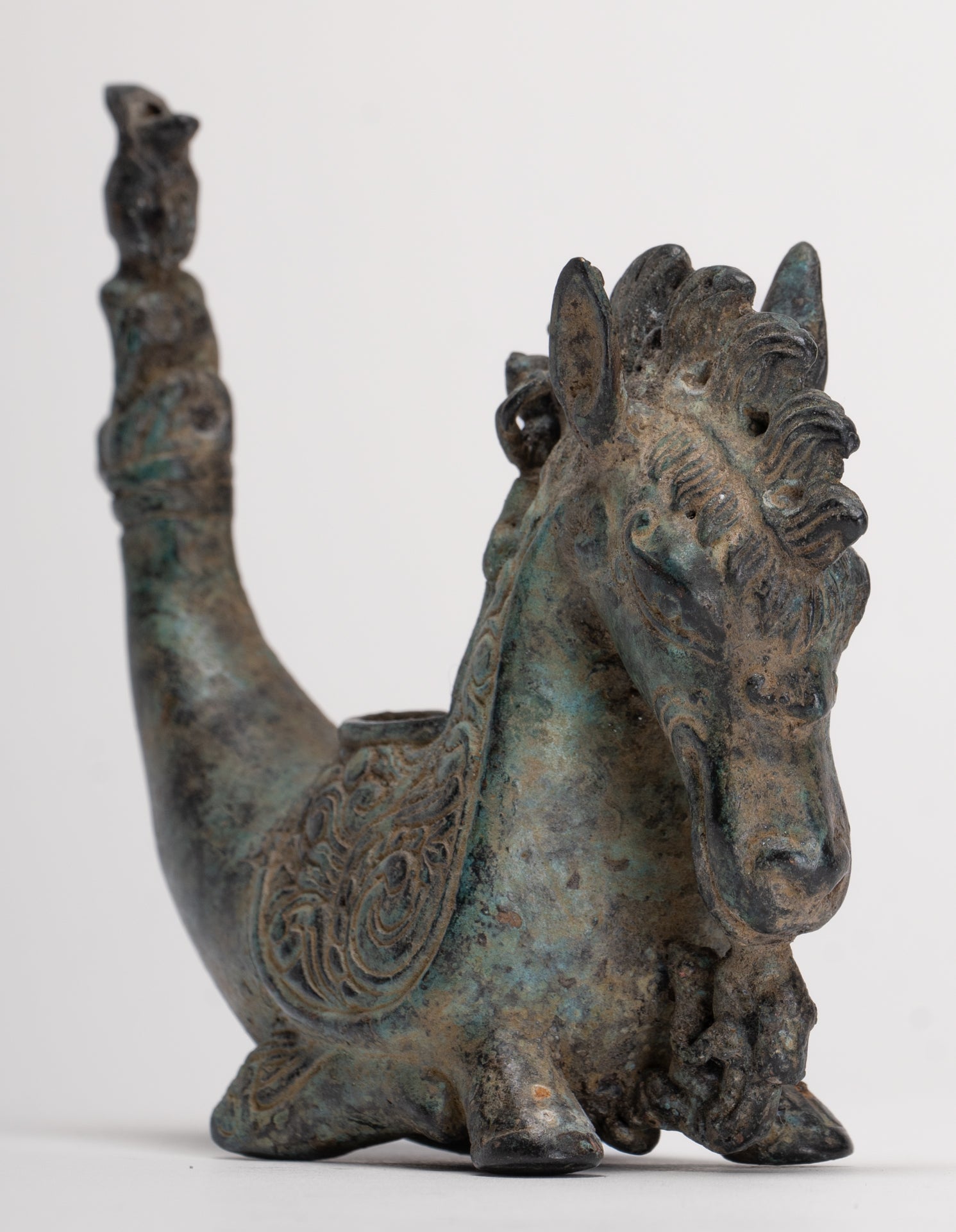 Antique Indonesian Style Bronze Seahorse Censer or Incense Burner and Incense Stick Holder - 10cm/4" Tall