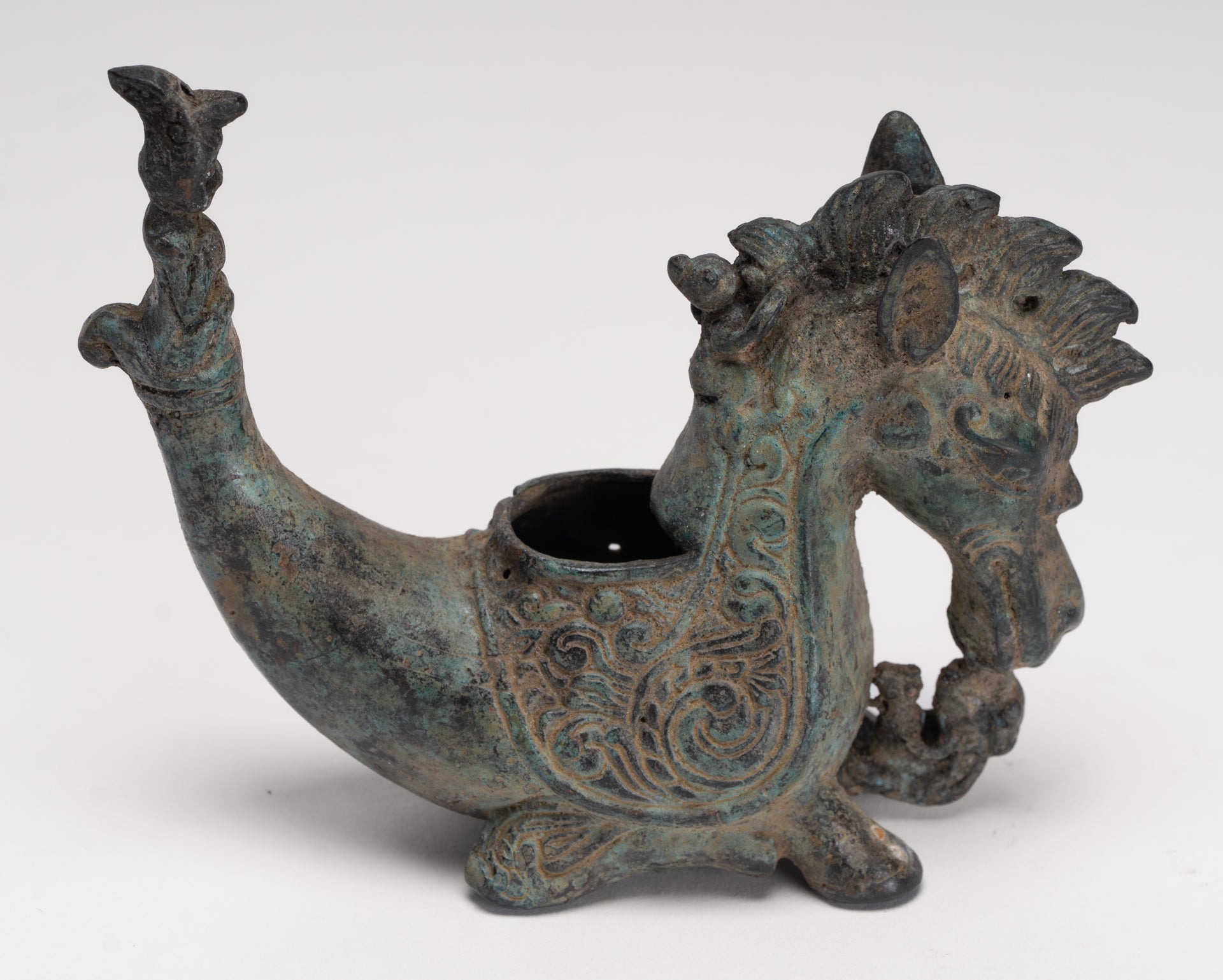 Antique Indonesian Style Bronze Seahorse Censer or Incense Burner and Incense Stick Holder - 10cm/4" Tall