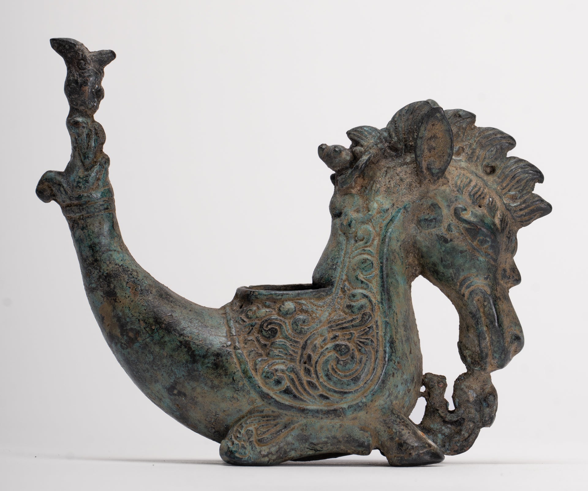 Antique Indonesian Style Bronze Seahorse Censer or Incense Burner and Incense Stick Holder - 10cm/4" Tall
