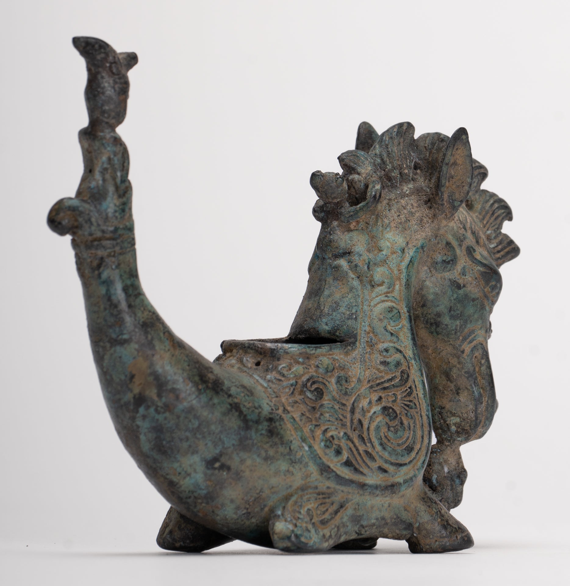 Antique Indonesian Style Bronze Seahorse Censer or Incense Burner and Incense Stick Holder - 10cm/4" Tall