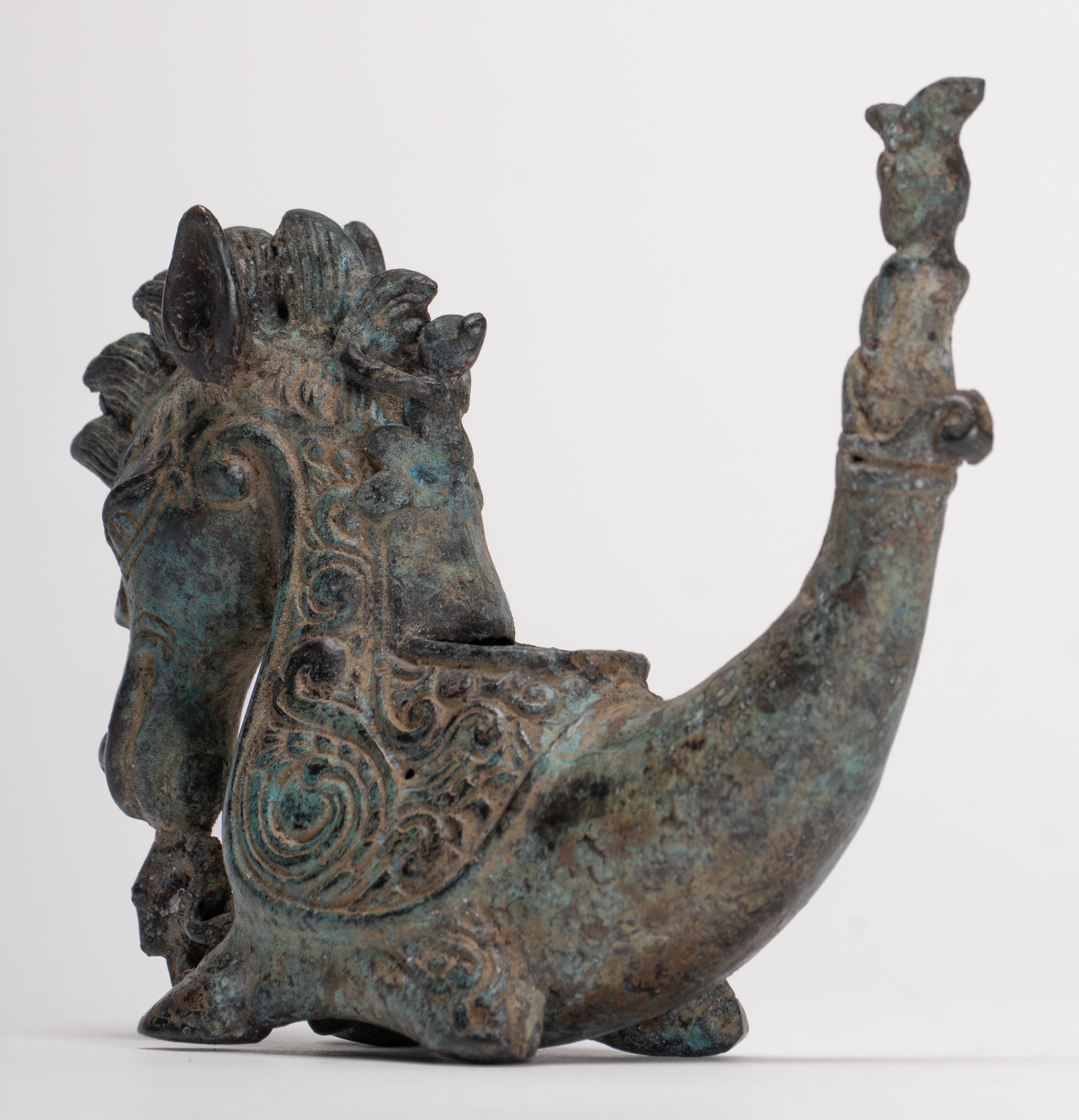 Antique Indonesian Style Bronze Seahorse Censer or Incense Burner and Incense Stick Holder - 10cm/4" Tall