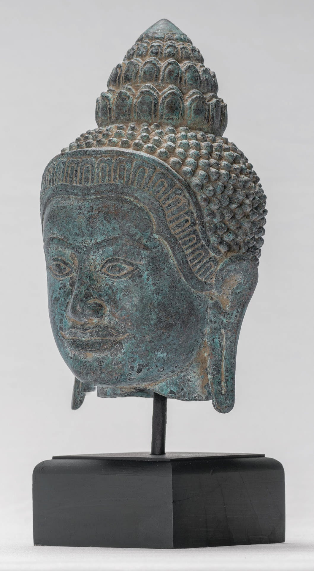 Buddha Statue - Antique Khmer Style Mounted Bronze Baphuon Buddha Head Statue - 29cm/12"