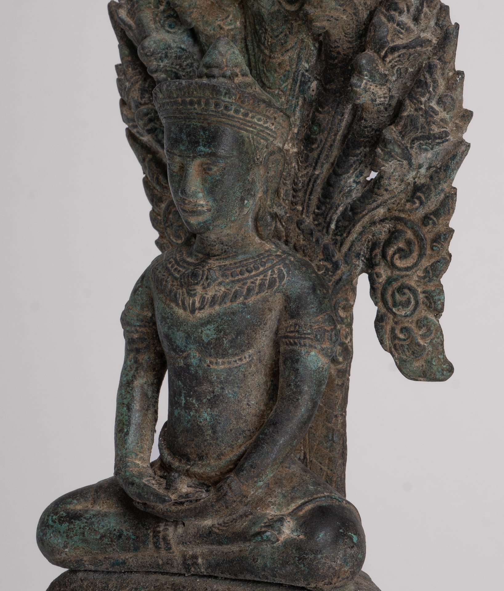 Buddha Statue - Antique Bayon Style Khmer Seated Bronze Naga Meditation Buddha - 37cm/15"