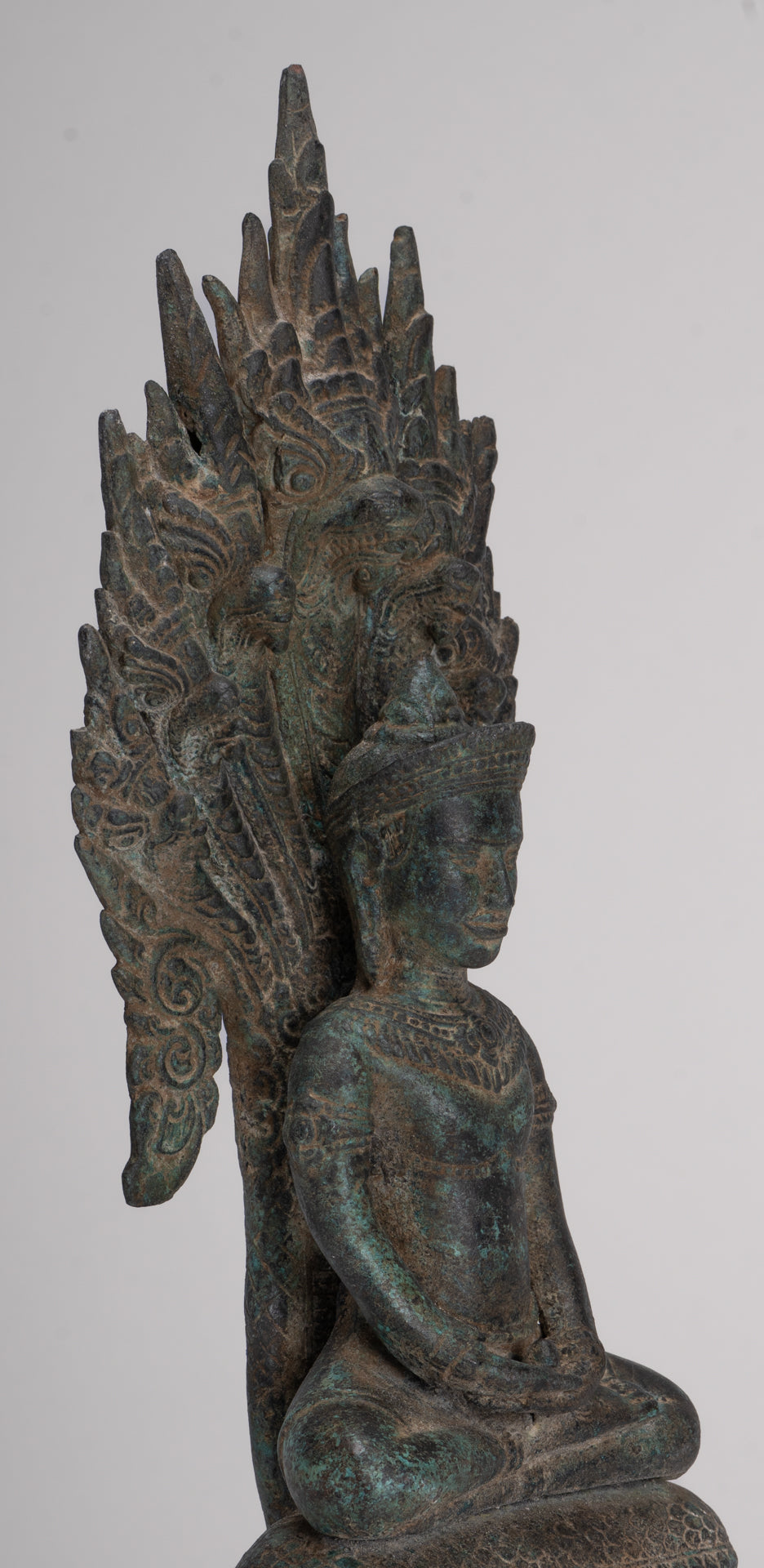 Buddha Statue - Antique Bayon Style Khmer Seated Bronze Naga Meditation Buddha - 37cm/15"