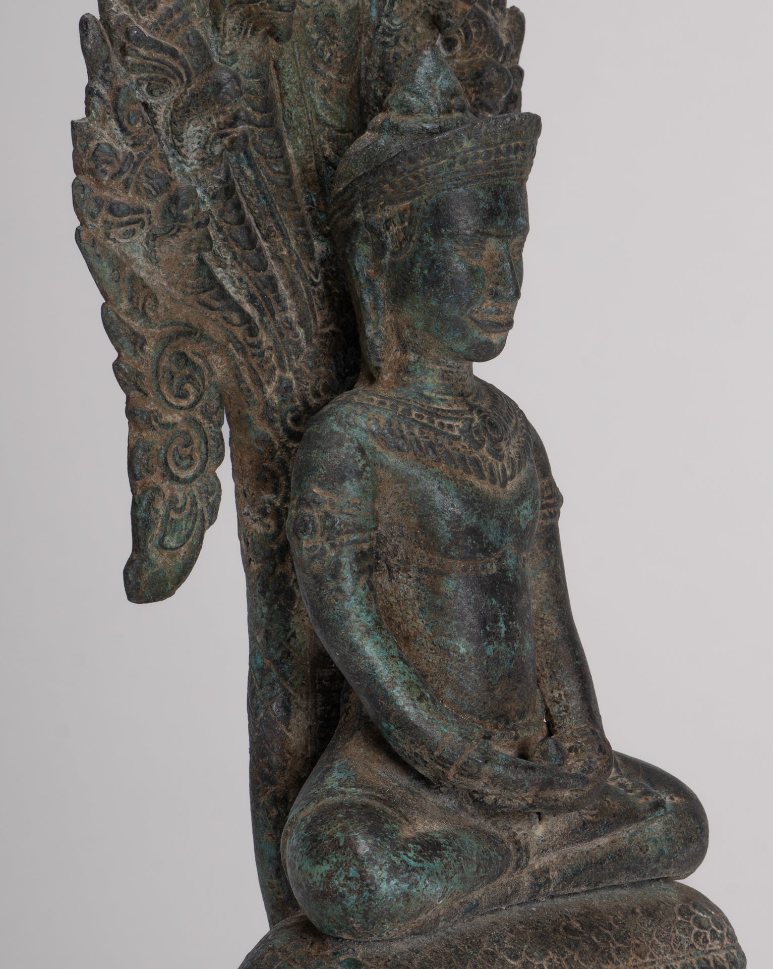 Buddha Statue - Antique Bayon Style Khmer Seated Bronze Naga Meditation Buddha - 37cm/15"