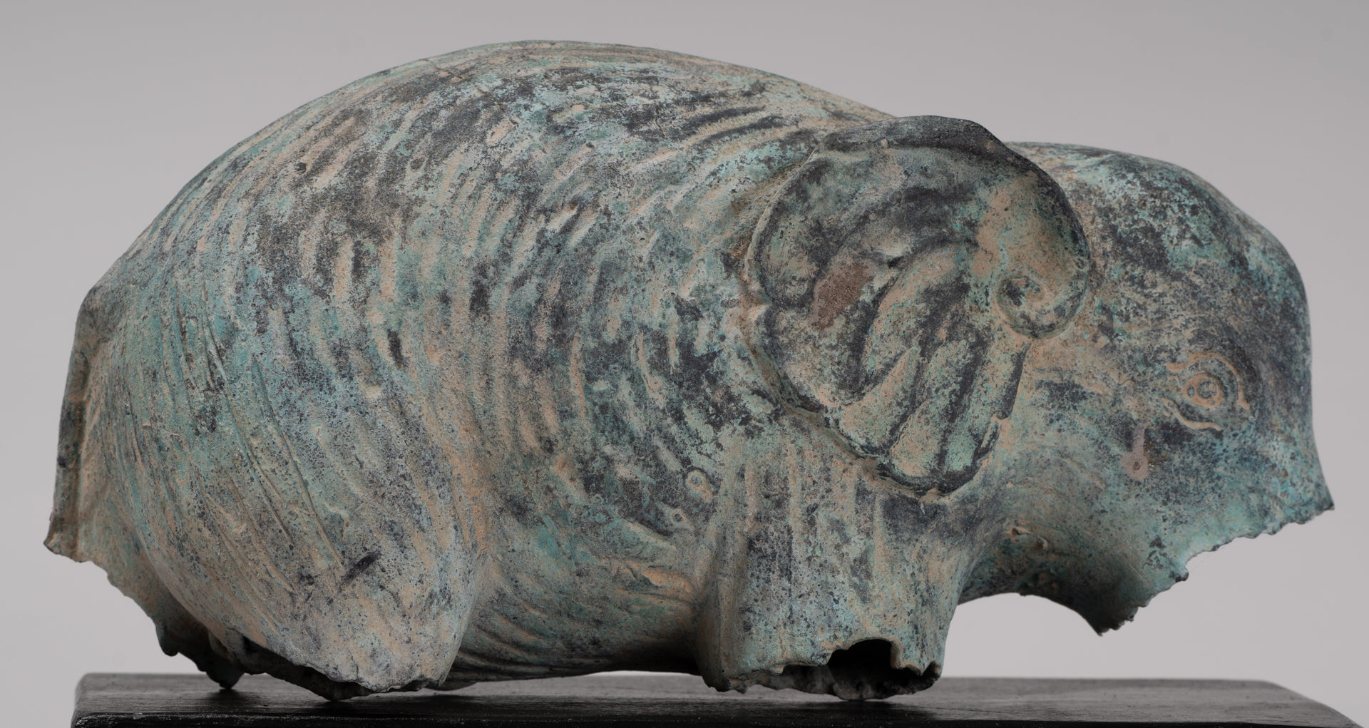 Antique Khmer Style Verdigris Bronze Abstract Elephant Statue - 21cm/8.5"