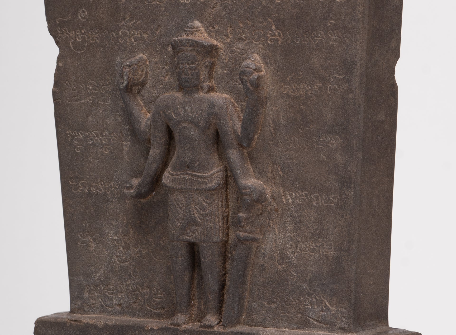 Antique Bayon Style Mounted Stone Stele Vishnu Statue - 42cm/17"