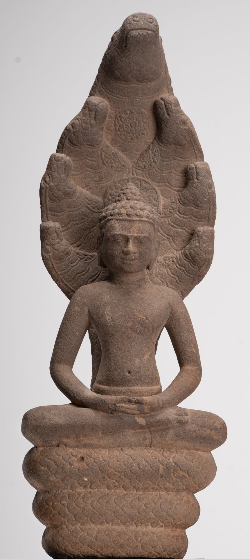 Buddha Statue - Antique Dvaravati Style Thai Stone Naga Meditation Buddha - 58cm/23"