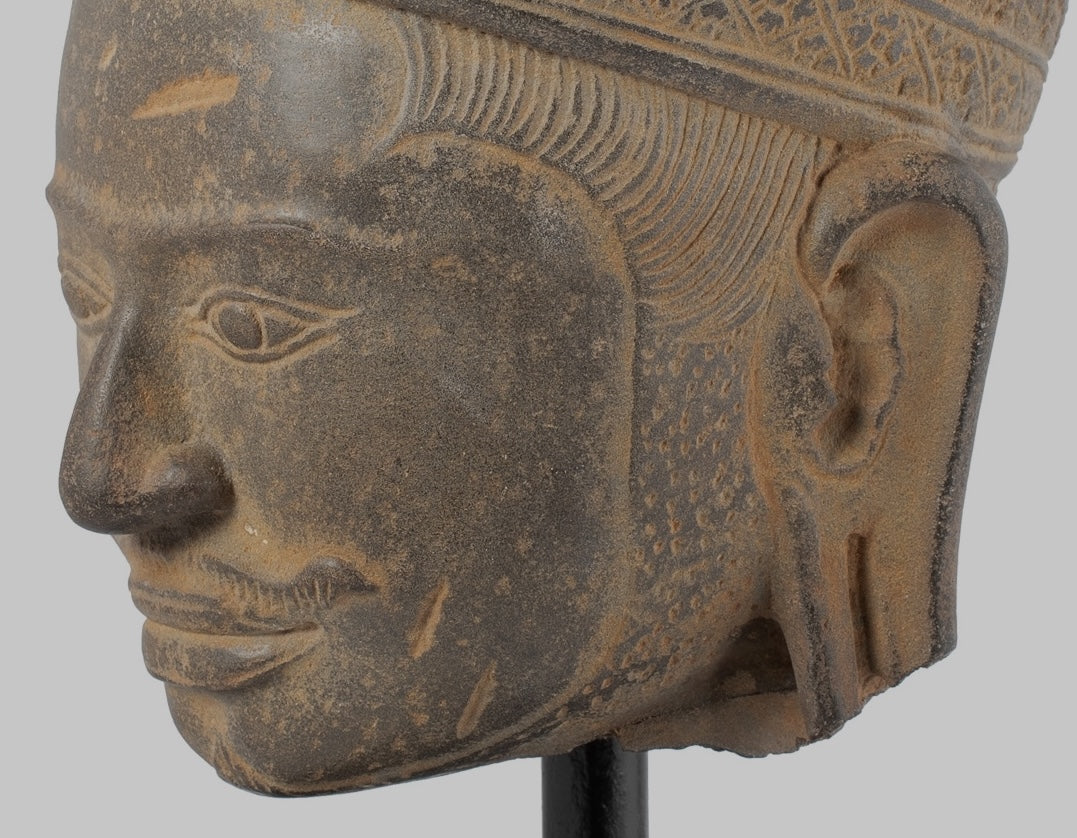 Antique Koh Ker Style Stone Mounted Khmer Vishnu Head - 28cm / 11"