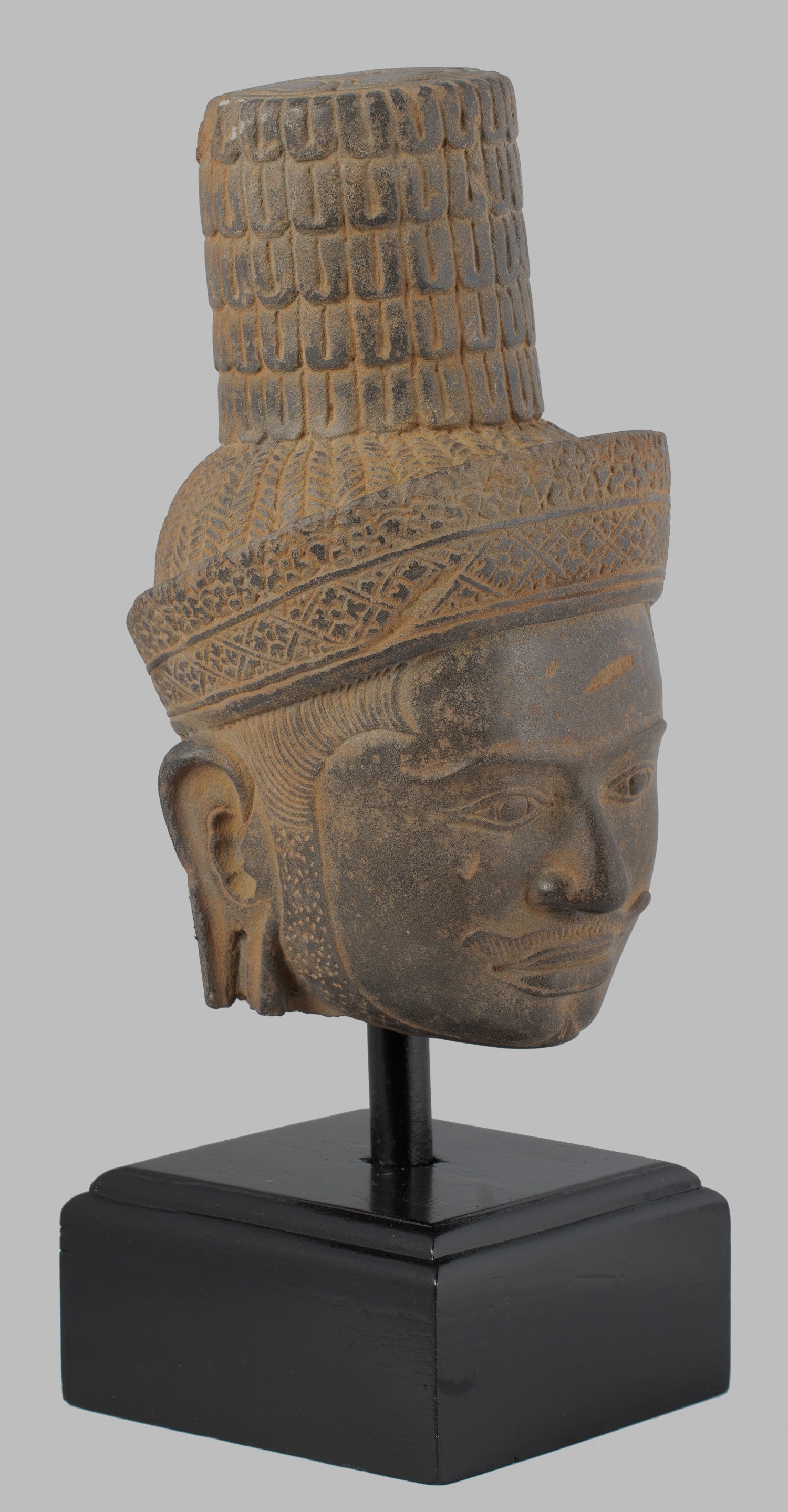 Antique Koh Ker Style Stone Mounted Khmer Vishnu Head - 28cm / 11"