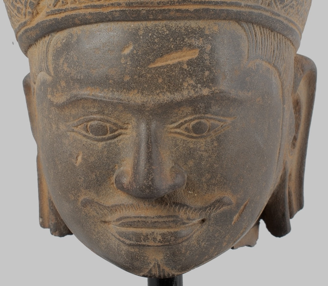 Antique Koh Ker Style Stone Mounted Khmer Vishnu Head - 28cm / 11"