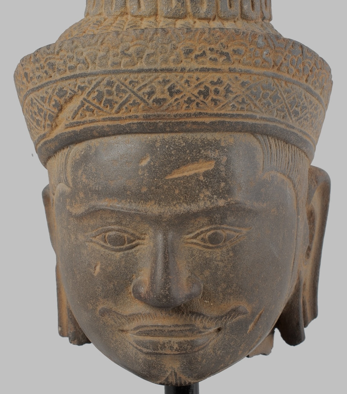 Antique Koh Ker Style Stone Mounted Khmer Vishnu Head - 28cm / 11"