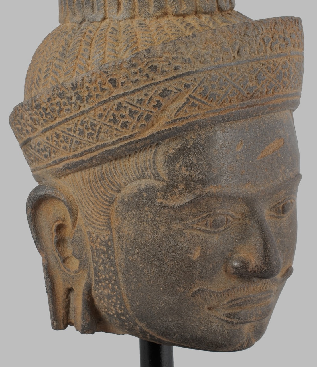 Antique Koh Ker Style Stone Mounted Khmer Vishnu Head - 28cm / 11"