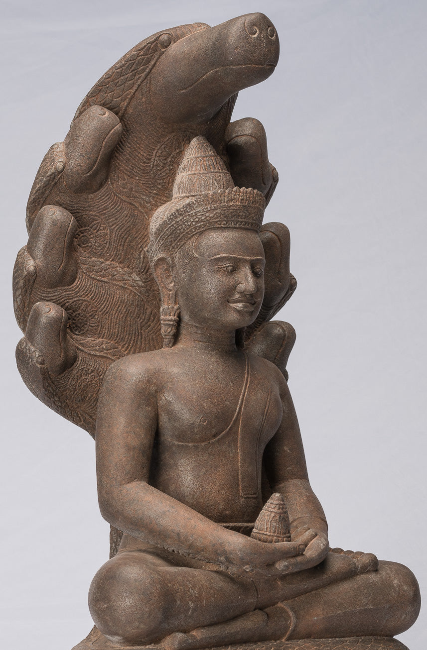 Statua Buddha - Antique Bayon Style Khmer Stone seduto Naga Meditazione Buddha - 67 cm/27 "