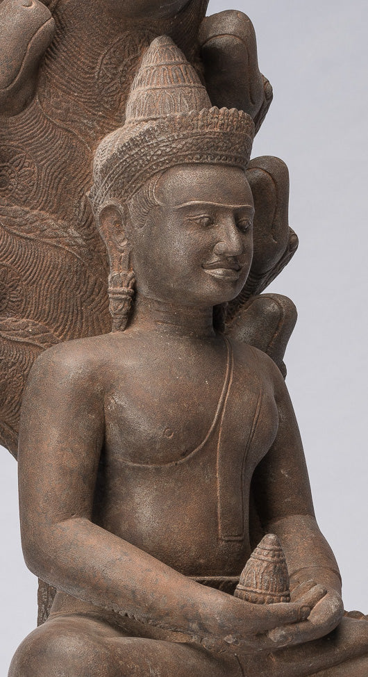 Statua Buddha - Antique Bayon Style Khmer Stone seduto Naga Meditazione Buddha - 67 cm/27 "