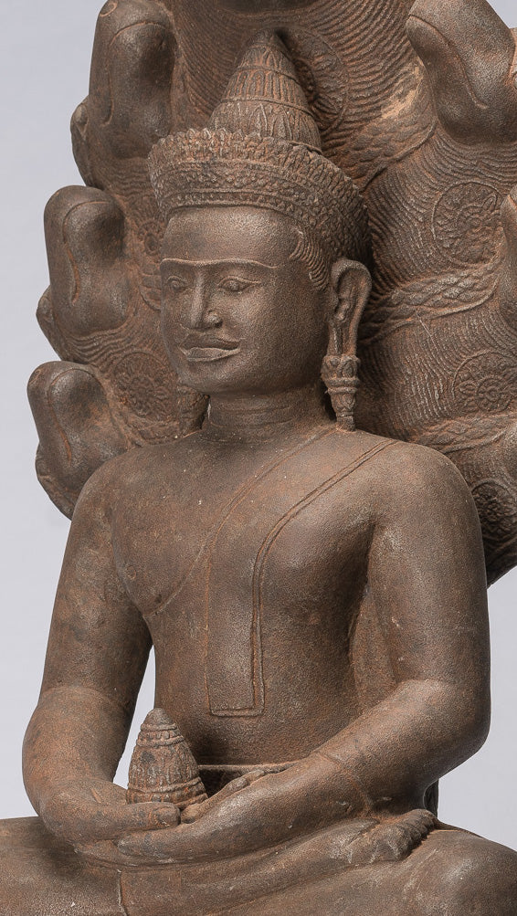 Statua Buddha - Antique Bayon Style Khmer Stone seduto Naga Meditazione Buddha - 67 cm/27 "