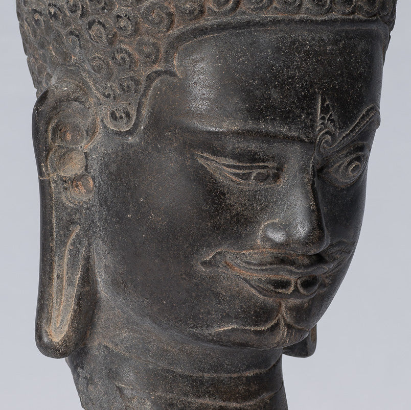 Shiva Statue - Antique Khmer Style Black Stone Yaksha e Yakshaswaroop Shiva Head- 31cm/12 "