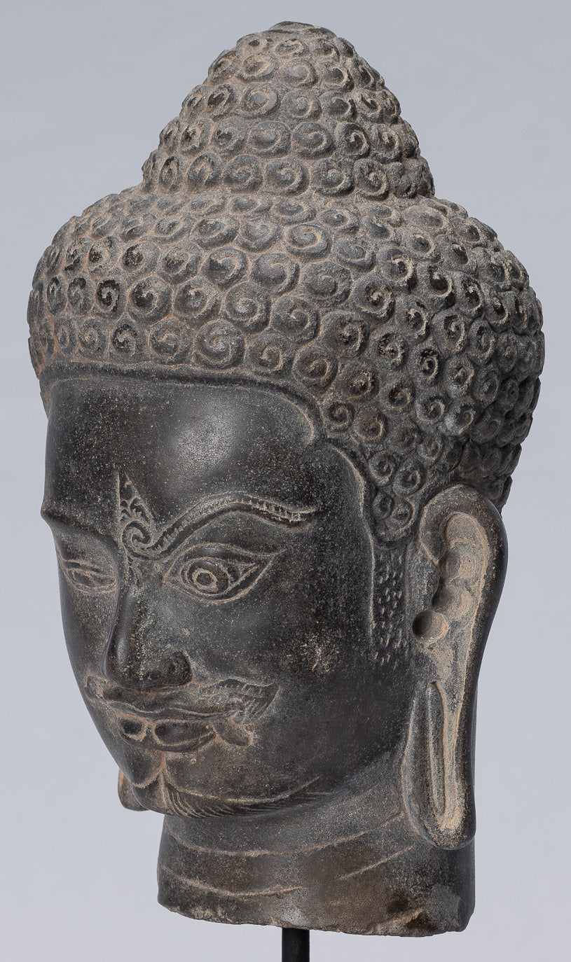 Shiva Statue - Antique Khmer Style Black Stone Yaksha e Yakshaswaroop Shiva Head- 31cm/12 "