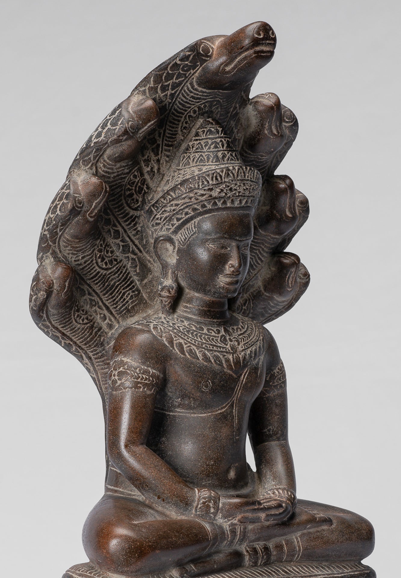 Buddha Statue - Antique Bayon Style Khmer Stone Seated Naga Meditation Buddha - 38cm/15"
