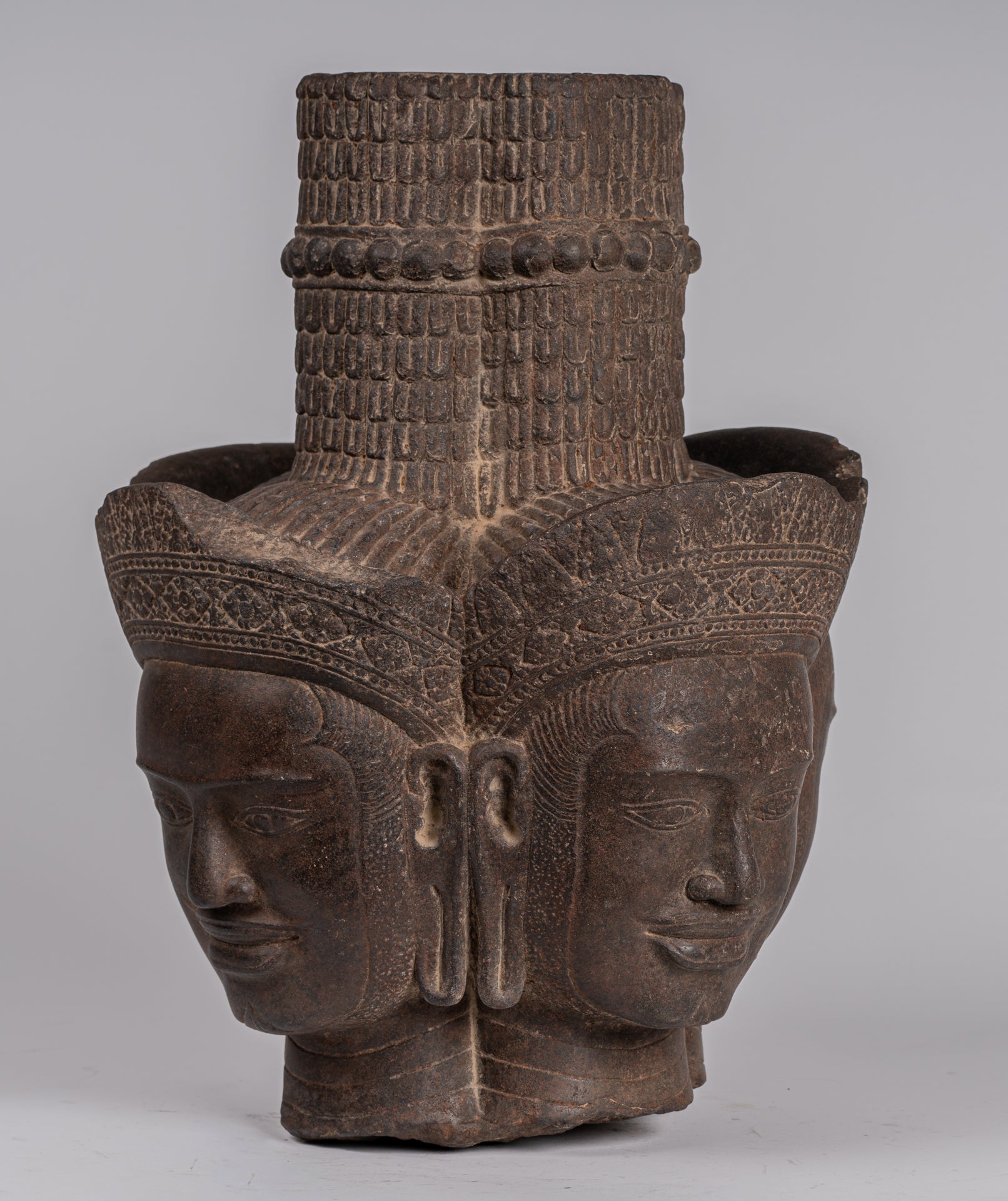 Statua Brahma - Antique Khmer Style Koh Ker Stone Brahma Head - Hindu God Creation - 42cm/17 "