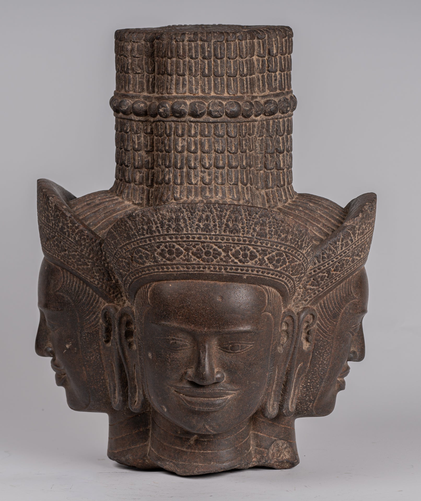 Statua Brahma - Antique Khmer Style Koh Ker Stone Brahma Head - Hindu God Creation - 42cm/17 "