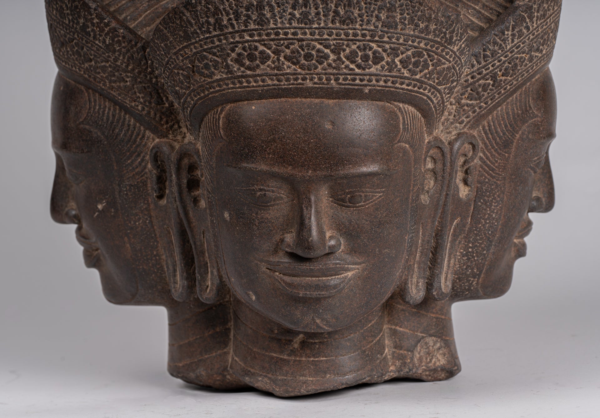 Statua Brahma - Antique Khmer Style Koh Ker Stone Brahma Head - Hindu God Creation - 42cm/17 "