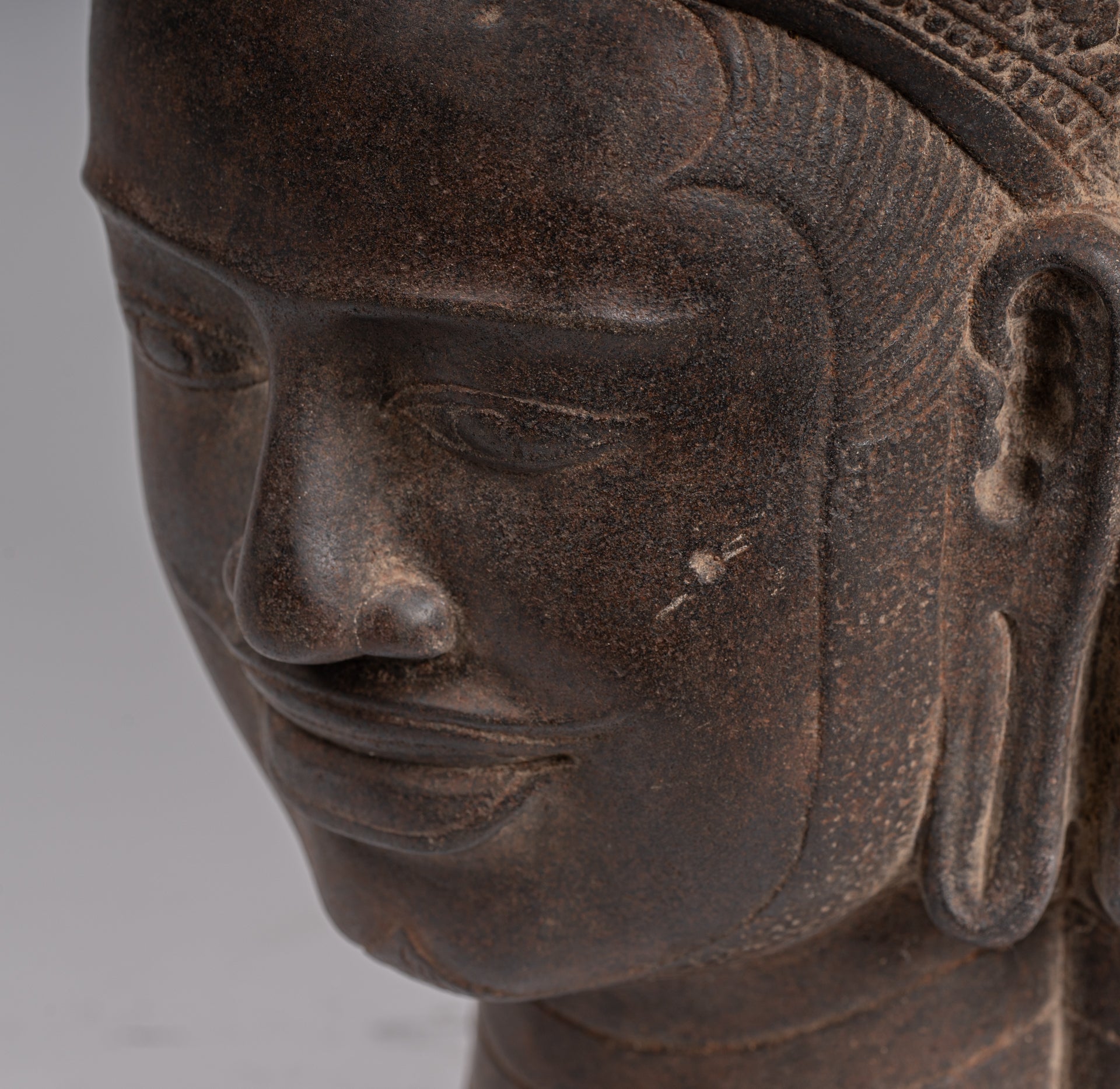 Statua Brahma - Antique Khmer Style Koh Ker Stone Brahma Head - Hindu God Creation - 42cm/17 "