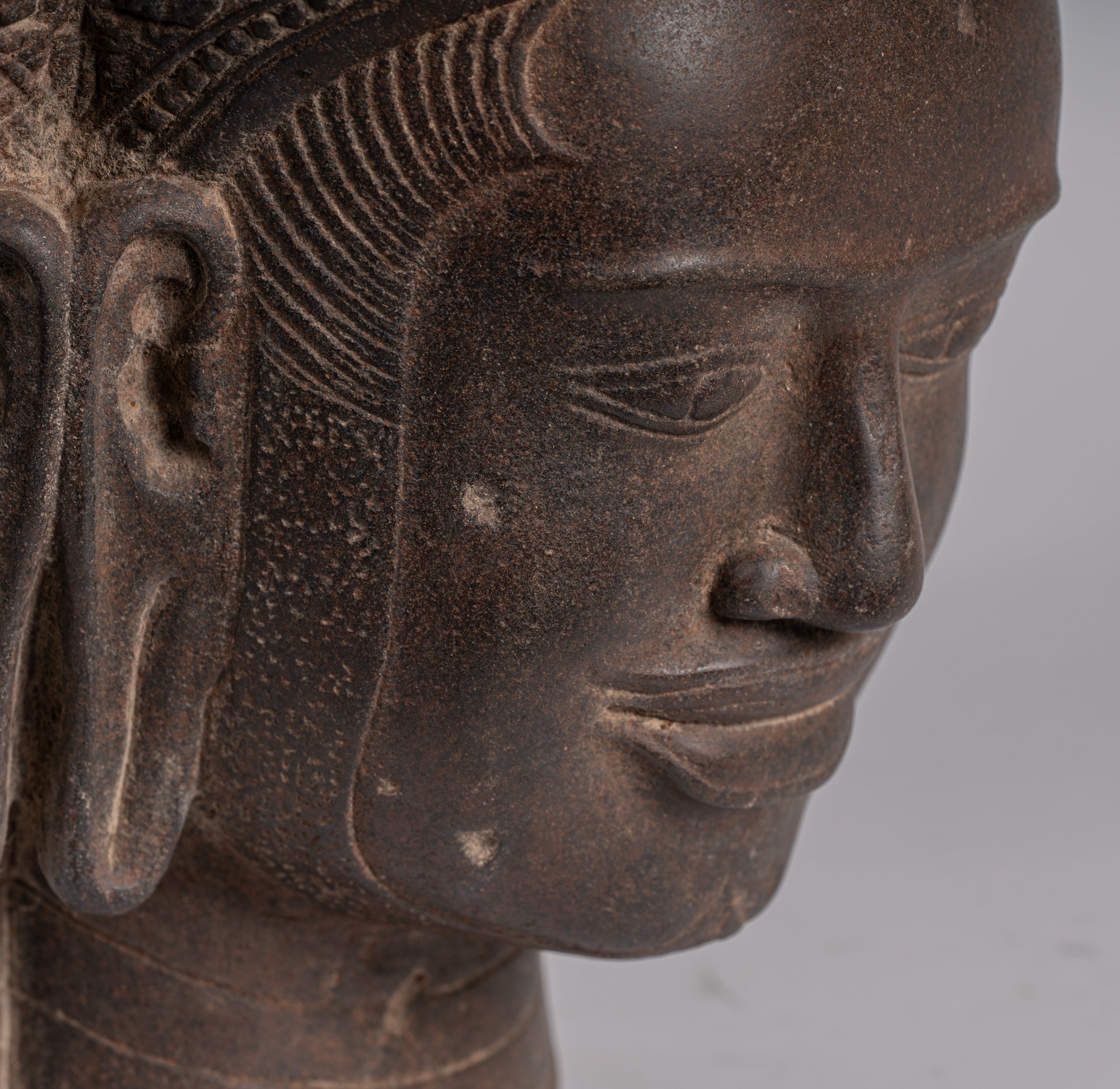 Statua Brahma - Antique Khmer Style Koh Ker Stone Brahma Head - Hindu God Creation - 42cm/17 "