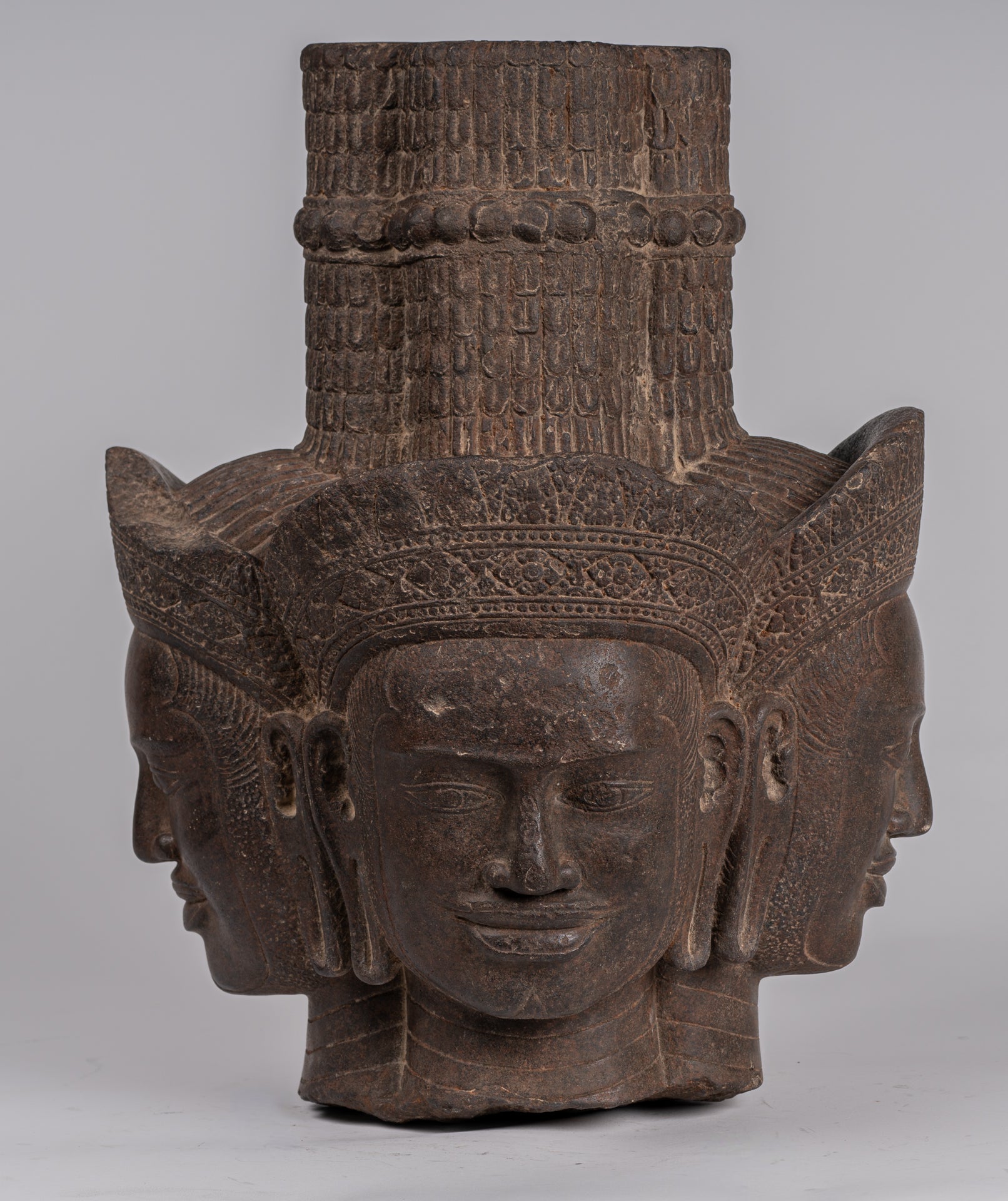 Statua Brahma - Antique Khmer Style Koh Ker Stone Brahma Head - Hindu God Creation - 42cm/17 "