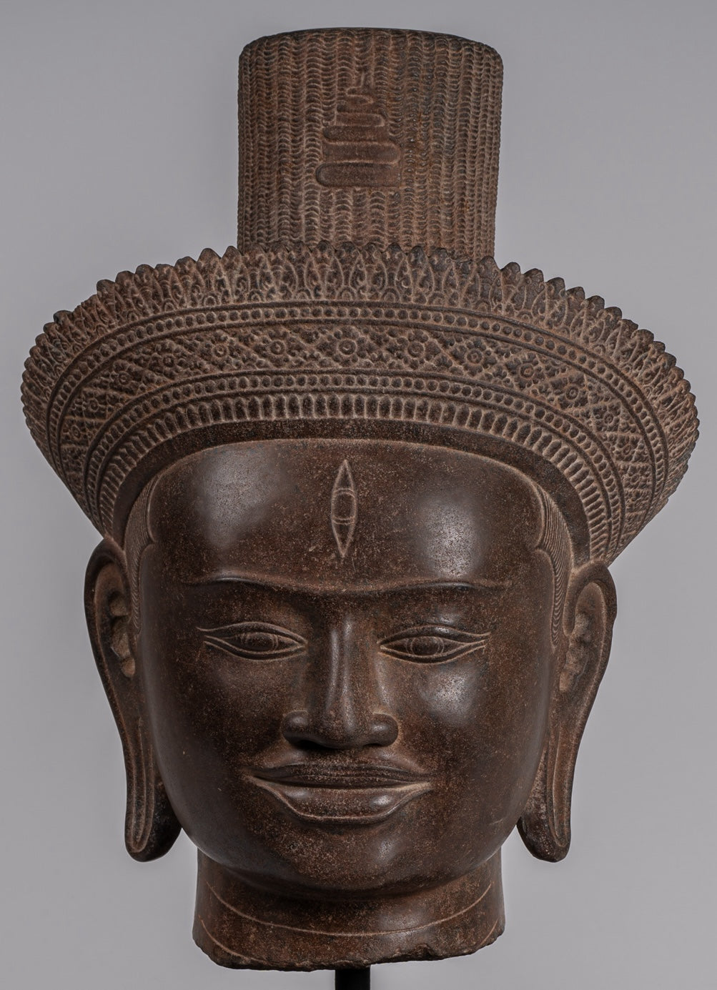 Statua Shiva - Antique Koh Ker Style Khmer Stone Shiva Head Statue - The Destroyer - 54cm/22 "