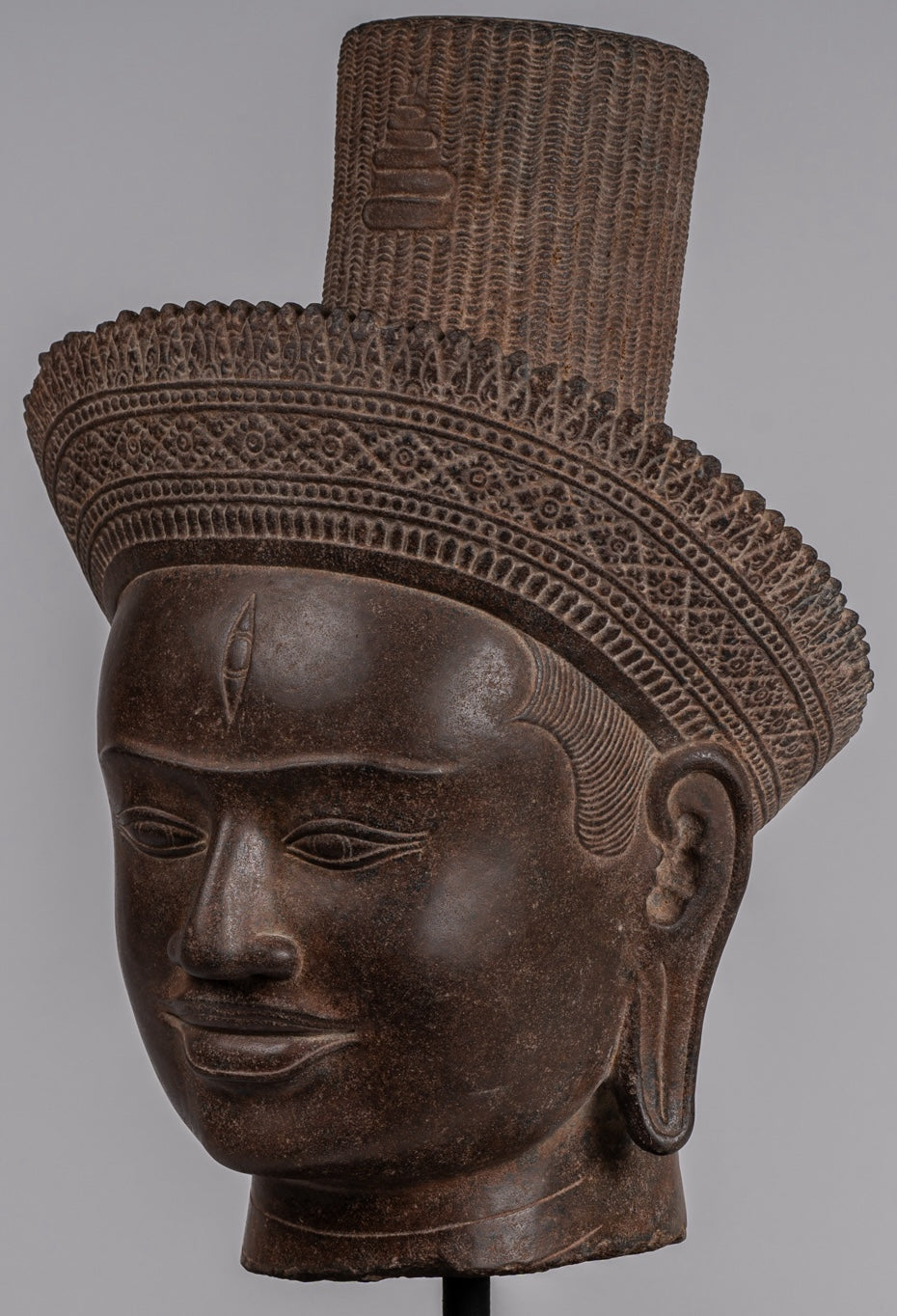 Statua Shiva - Antique Koh Ker Style Khmer Stone Shiva Head Statue - The Destroyer - 54cm/22 "