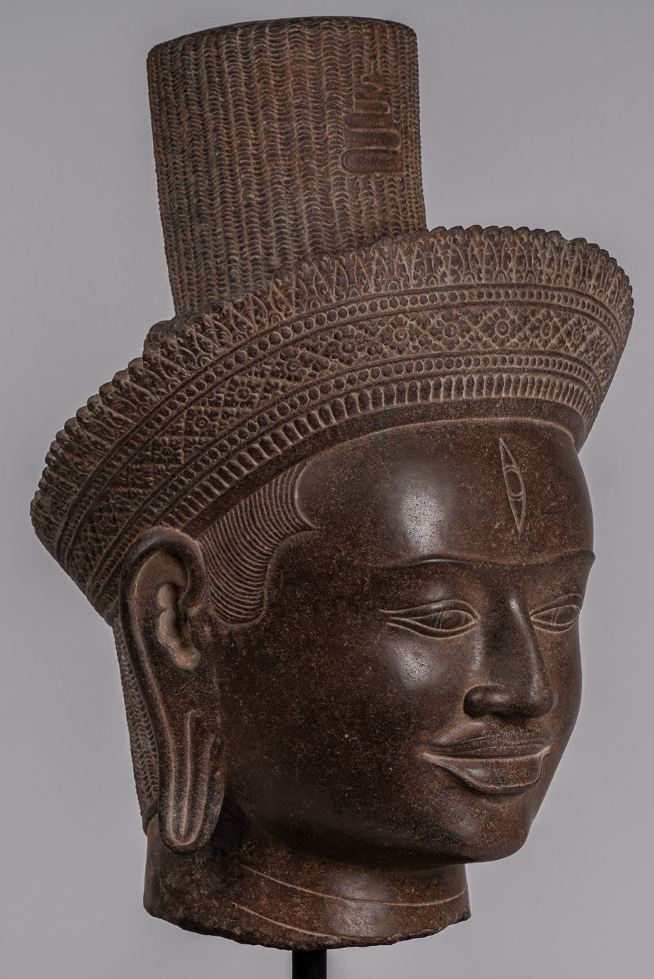 Statua Shiva - Antique Koh Ker Style Khmer Stone Shiva Head Statue - The Destroyer - 54cm/22 "