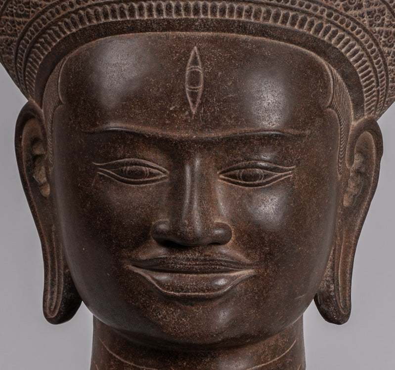 Statua Shiva - Antique Koh Ker Style Khmer Stone Shiva Head Statue - The Destroyer - 54cm/22 "