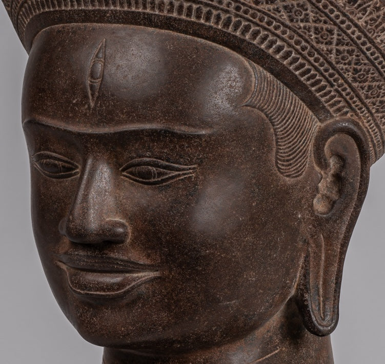 Statua Shiva - Antique Koh Ker Style Khmer Stone Shiva Head Statue - The Destroyer - 54cm/22 "