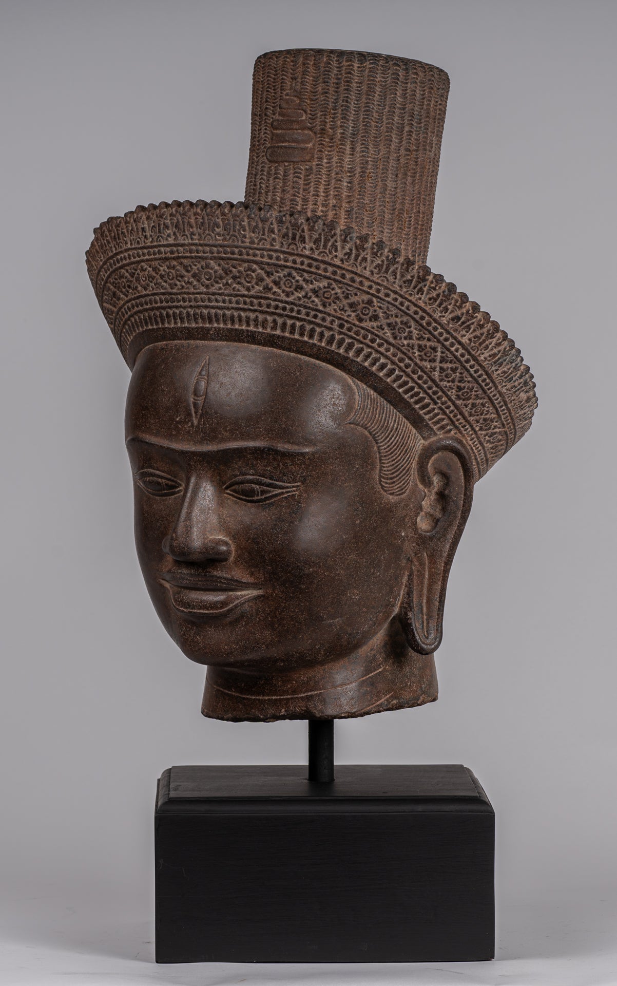 Statua Shiva - Antique Koh Ker Style Khmer Stone Shiva Head Statue - The Destroyer - 54cm/22 "