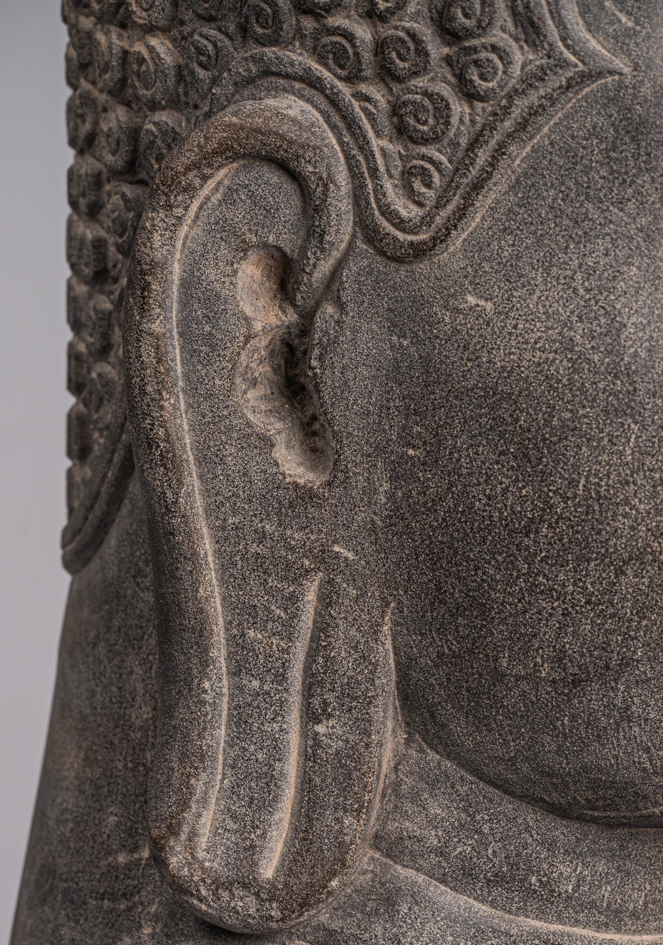 Shiva Statue - Antique Khmer Style Grey Stone Yaksha & Yakshaswaroop Shiva Head  - 48cm/19"