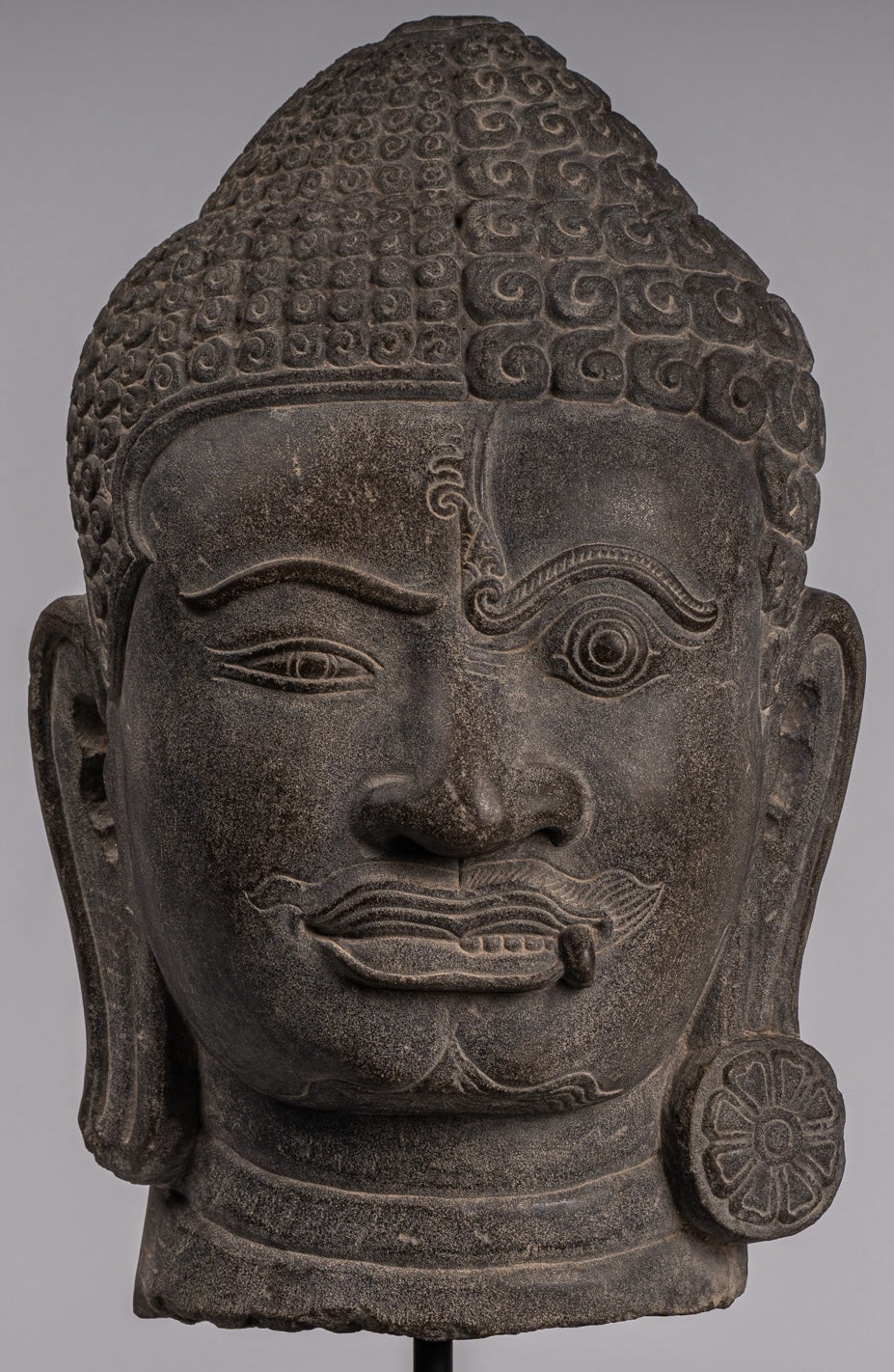 Shiva Statue - Antique Khmer Style Grey Stone Yaksha & Yakshaswaroop Shiva Head  - 48cm/19"